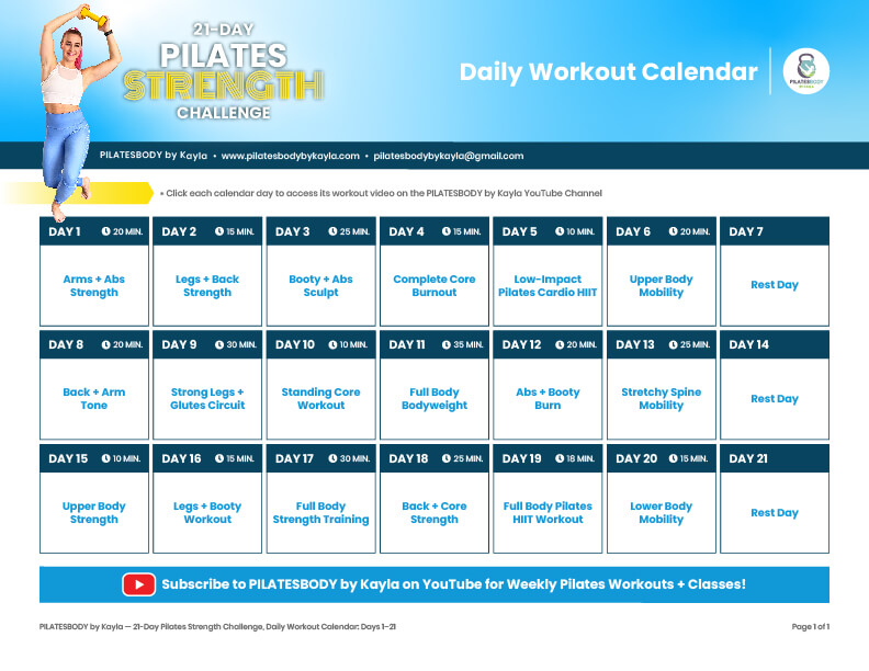 Free Pilates Workout Calendar - 21-Day Pilates Strength Training Challenge for Beginners - PILATESBODY by Kayla