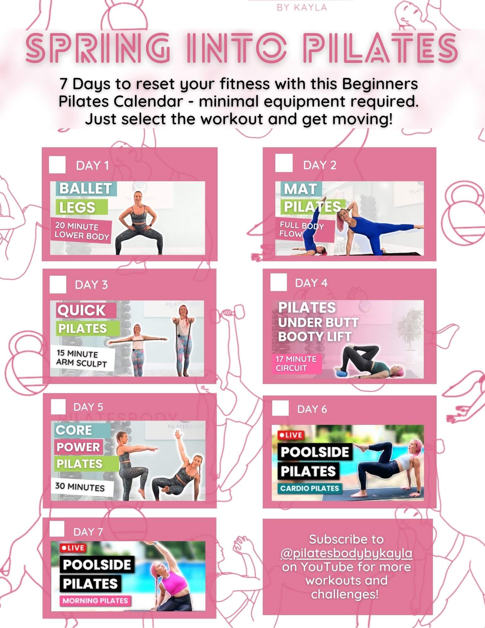 Free Pilates Workout Calendar PDF Spring into Pilates 7-Day Full Body Strength Challenge pilates body by kayla