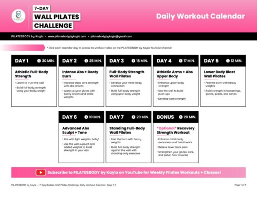 Free 7-Day Wall Pilates Challenge - Daily Workout Calendar - PILATESBODY by Kayla