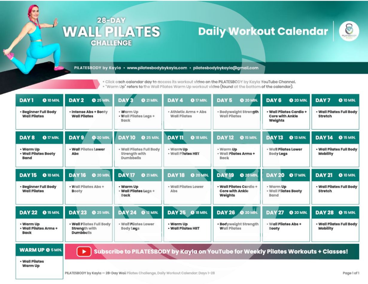 Free Beginner 28-Day Wall Pilates Workout Calendar PDF - Free Wall Pilates on YouTube - PILATES BODY by Kayla with watermark