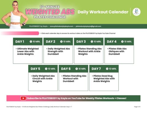 10 Minute Weighted Abs Pilates Challenge Free Pilates Workout Calendar PDF YouTube Workouts Pilates Body by Kayla