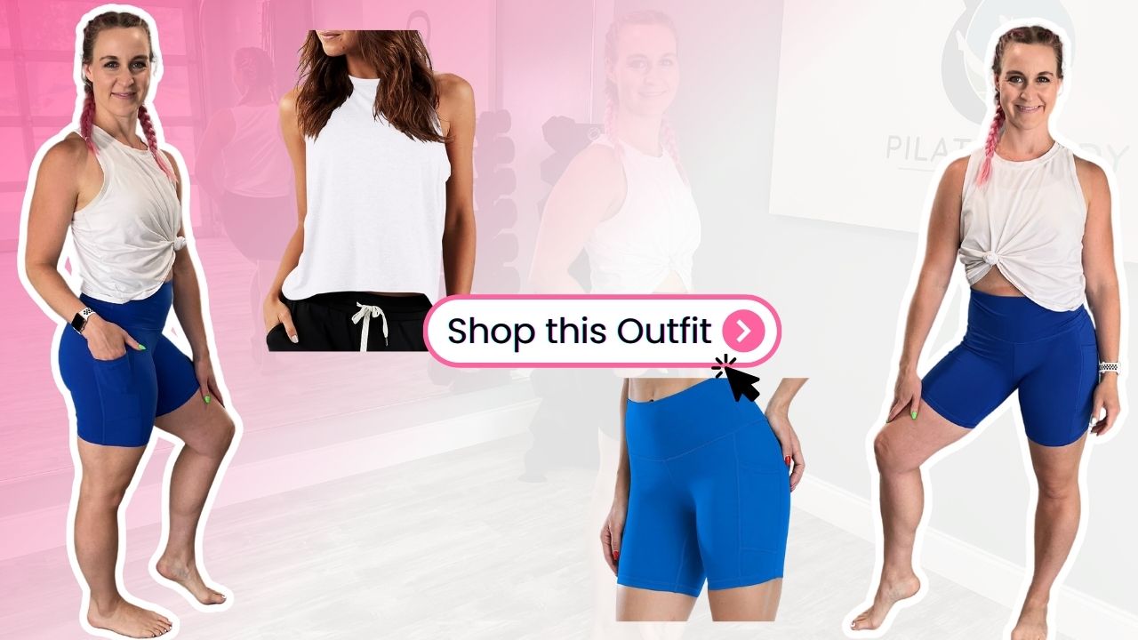 Pilatesbody by Kayla wearing a white tank top and blue bike shorts is featured next to a white sleeveless top and matching bike shorts with a "Shop this Outfit" button