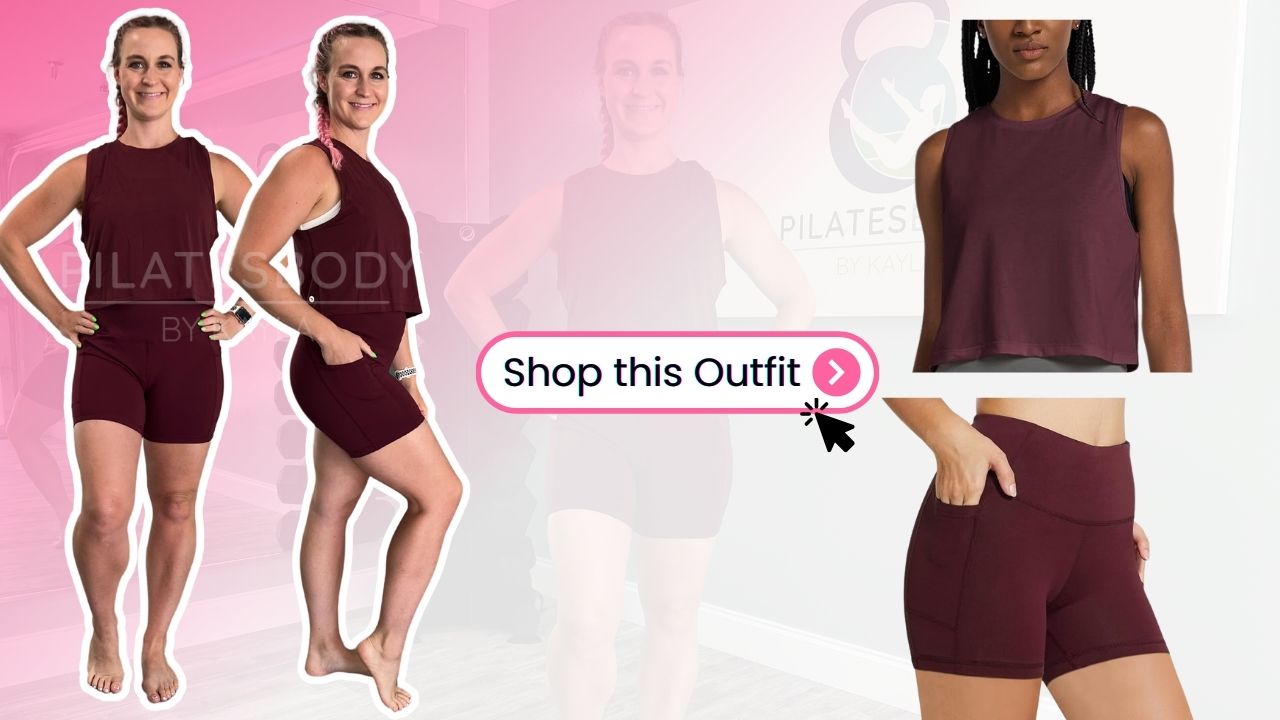 Pilatesbody by Kayla wearing a maroon bike shorts set featured next to matching bike shorts with a "Shop this Outfit" button