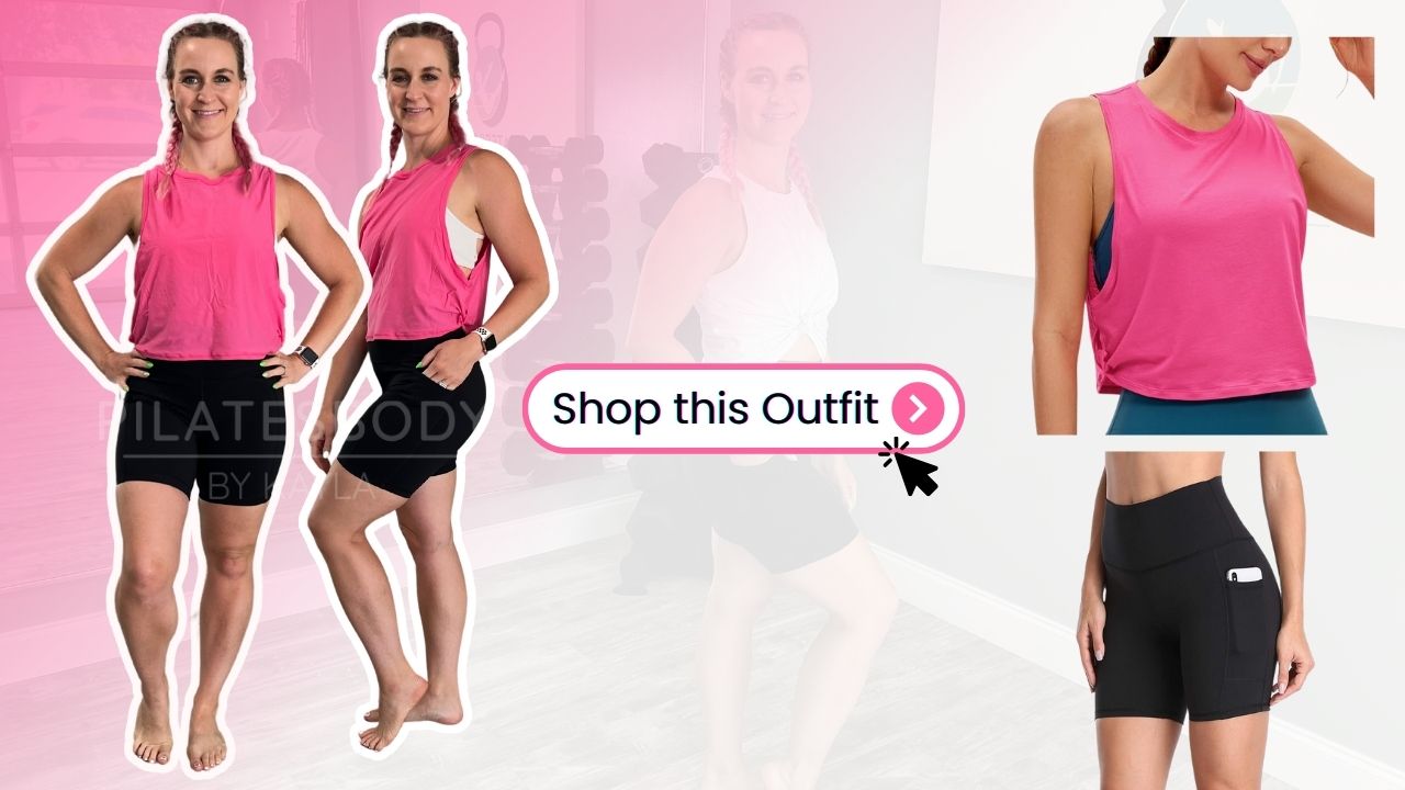 Pink and Black Outfit of Bike Shorts with Shop Now Button