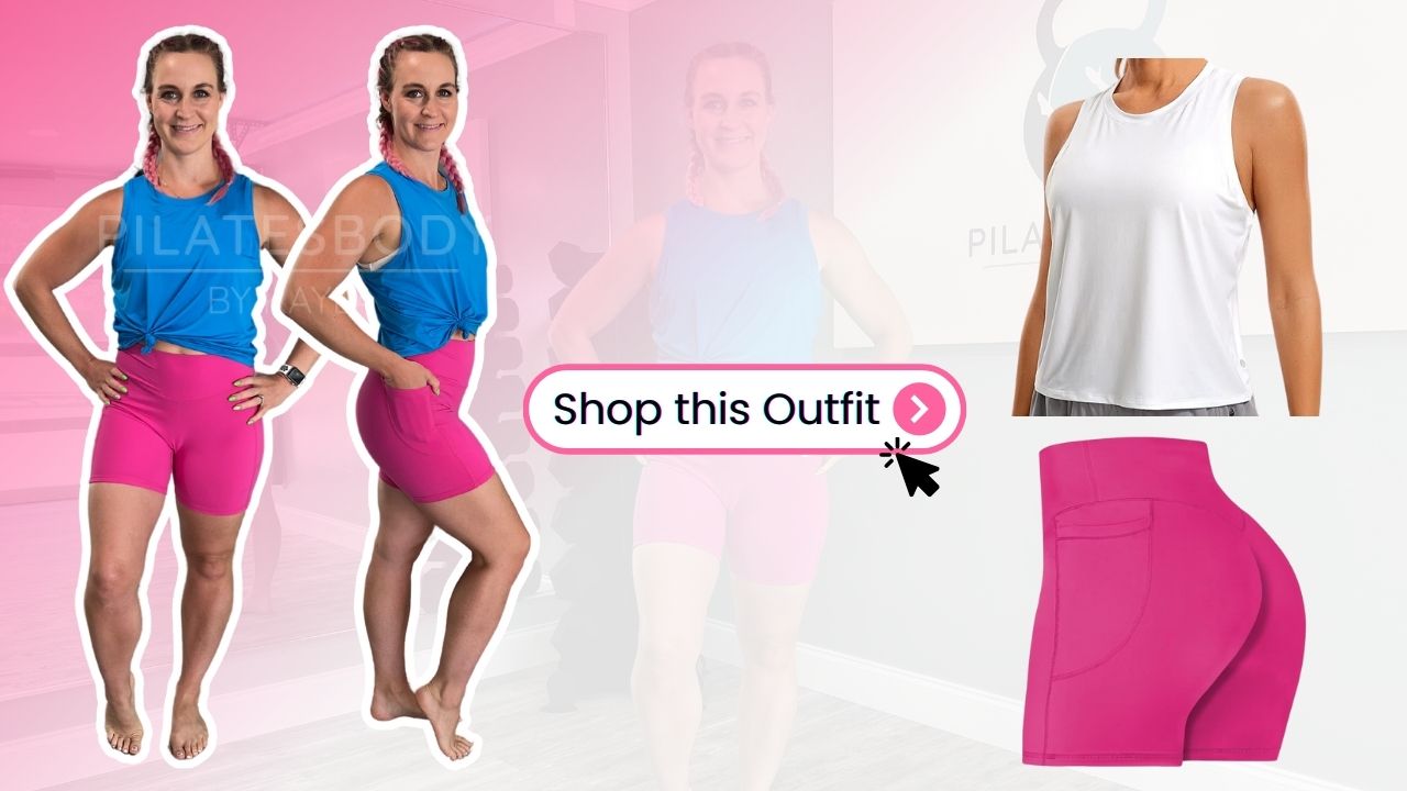 Pilatesbody by Kayla wearing a blue tank top and pink bike shorts is featured next to a white sleeveless top and matching bike shorts with a "Shop this Outfit" button