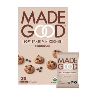 A box and an individual package of Made Good Chocolate Chip Soft Baked Mini Cookies.