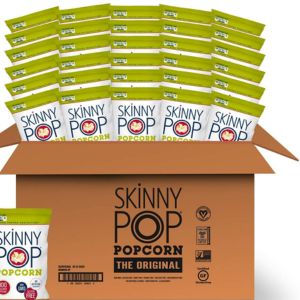 A box of individual snack size packages of SkinnyPop popcorn.