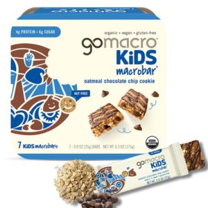 A box of GoMacro Kids Macrobars and an individual oatmeal chocolate chip cookie GoMacro Kids bar.