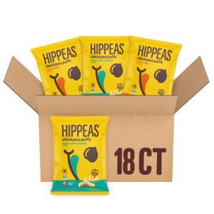 An 18-count box of Hippeas Chickpea Puffs with four individual snack sized bags in various flavors.