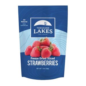 A blue bag of freeze-dried sliced strawberries for allergy-free snacking.