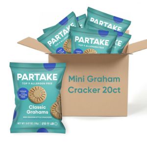 A box of gluten free mini Graham Cracker Snack Packs by Partake.