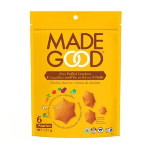 A bag of MadeGood Cheddar Star Puffed Crackers.