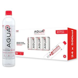 A 24-pack of Agua Plus pH9+ Alkaline Water Bottles and a single water bottle