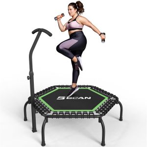 A woman holding hand weights jumping on a BCAN Mini Trampoline.