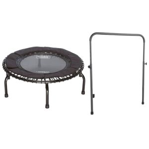 A Jumpsport Rebounder Mini Trampoline with a handle bar.