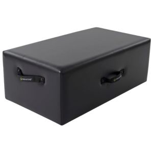 A standard black Balanced Body Sitting Box Pilates equipment.