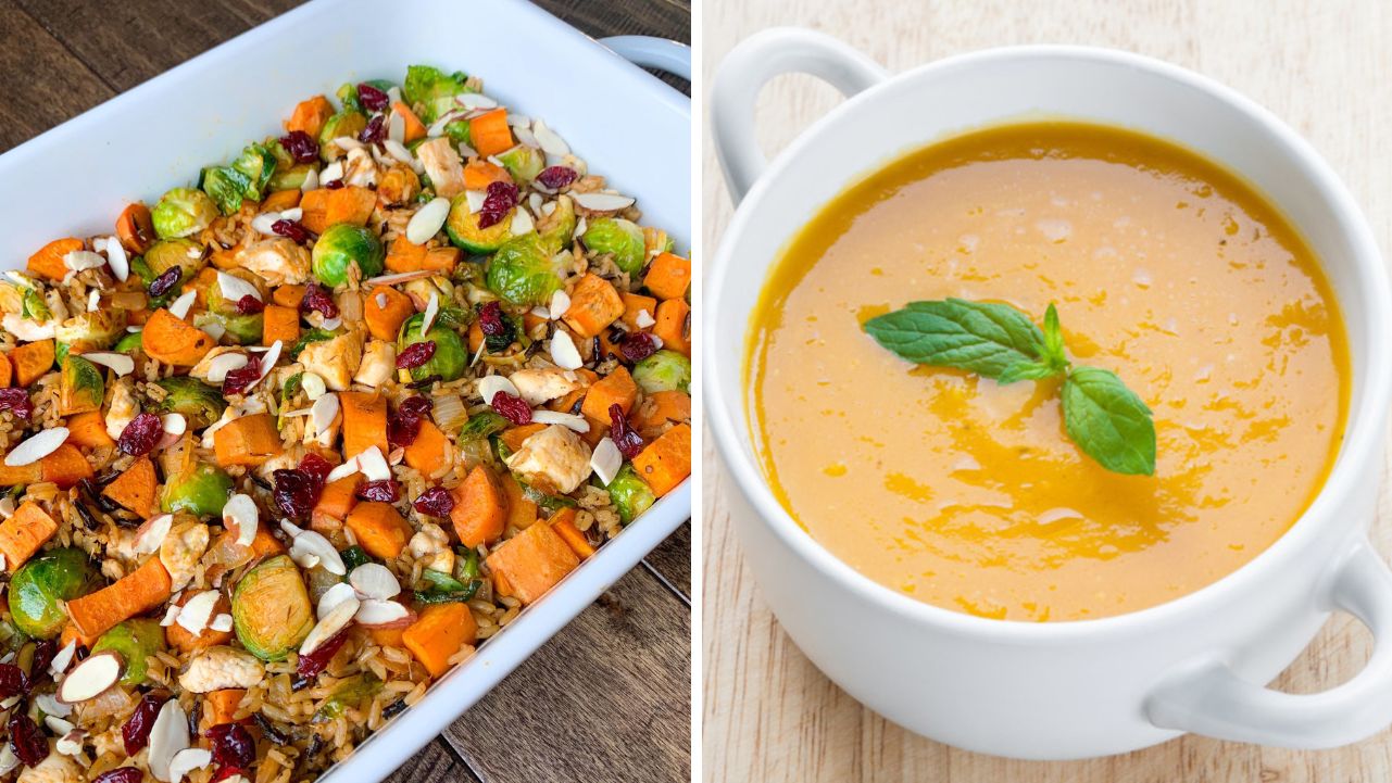 Some easy, healthy fall recipes include this autumn skillet bake and healthy pumpkin soup.