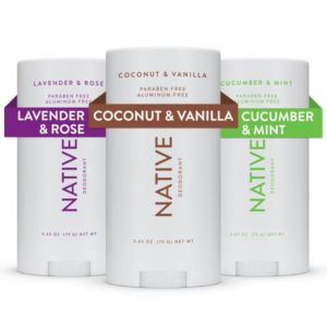 Best natural deodorant for women three-pack by Native in lavender and rose, coconut and vanilla, and cucumber and mint.