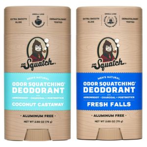 Two sticks of Dr. Squatch natural aluminum free deodorant for men.