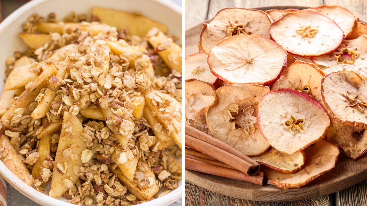 Healthy apple crumble and baked apple chips.