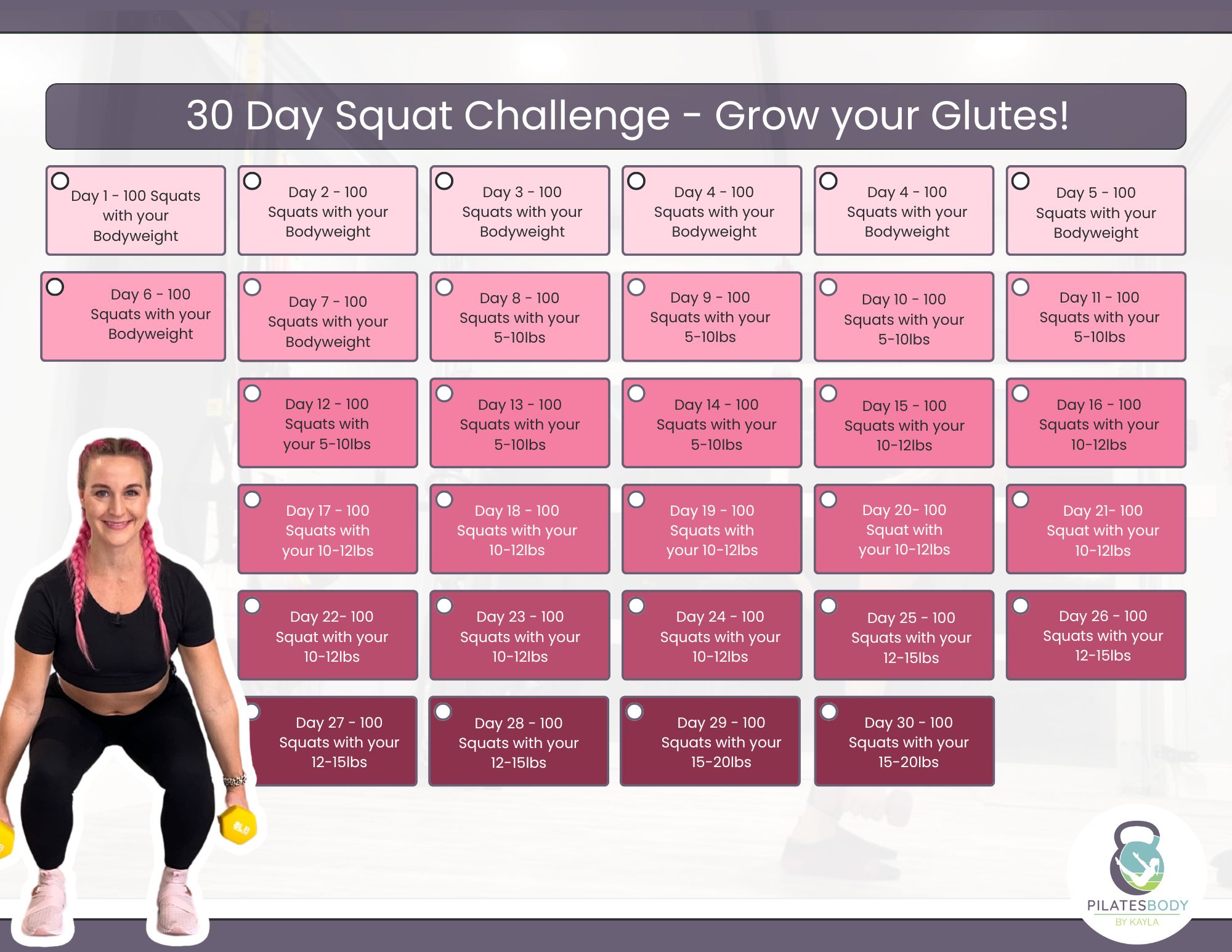 Grow your glutes with the PilatesBody by Kayla 30-day squat challenge free calendar.