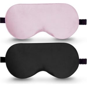 A set of pink and black silk blackout eye masks.