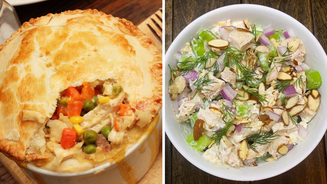 Turkey pot pie and creamy turkey salad made with leftover Thanksgiving turkey.