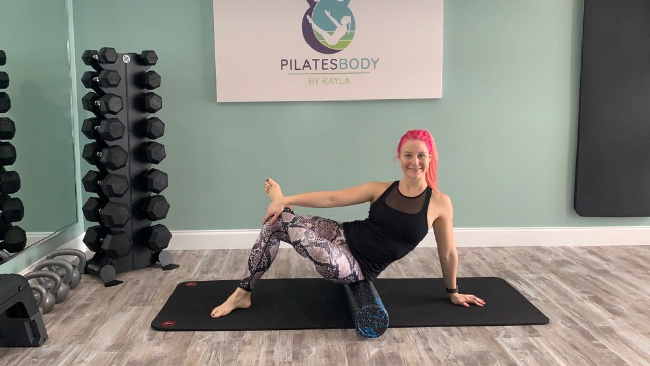 Pilatesbody by Kayla shows how to foam roll legs and glutes in her lower body foam rolling guide.