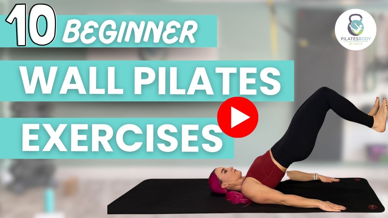 10 Beginner Wall Pilates Exercises YouTube thumbnail with play button.