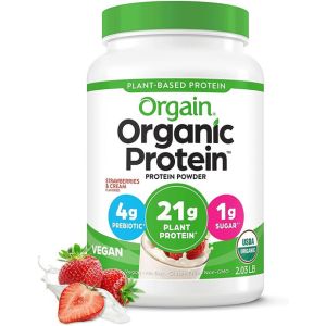 Orgain Organic strawberries and cream protein powder.