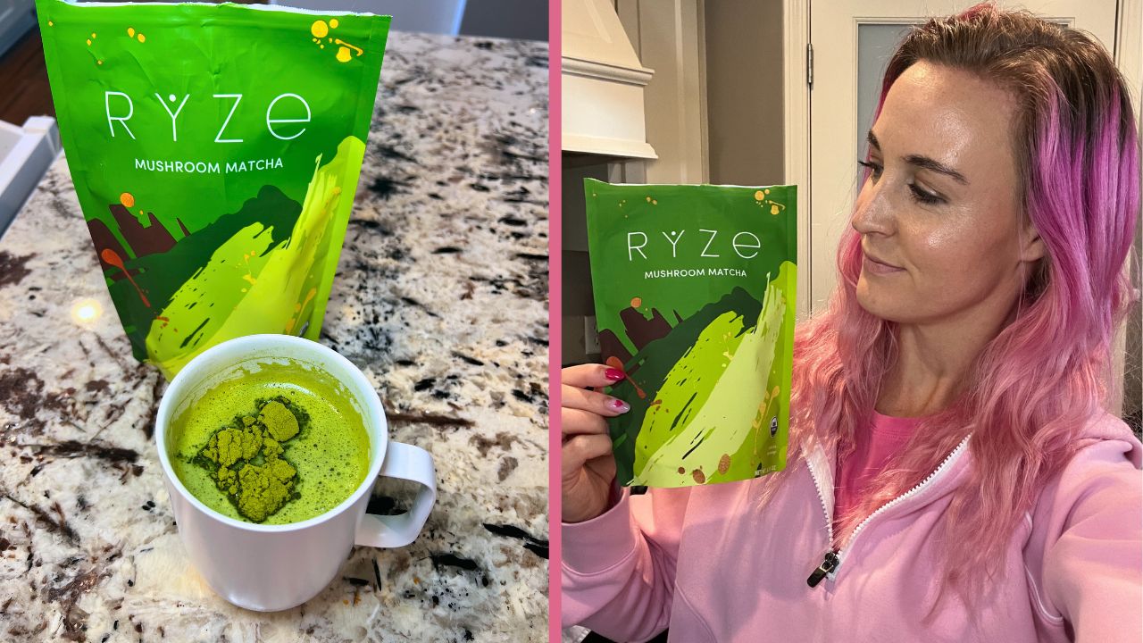 Kayla with Ryze mushroom matcha powder.