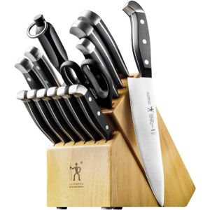 A knife set in a wood block.