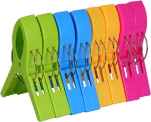 Multicolored towel clips for beach chair.