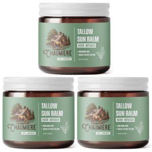 Three jars of beef tallow sun balm.