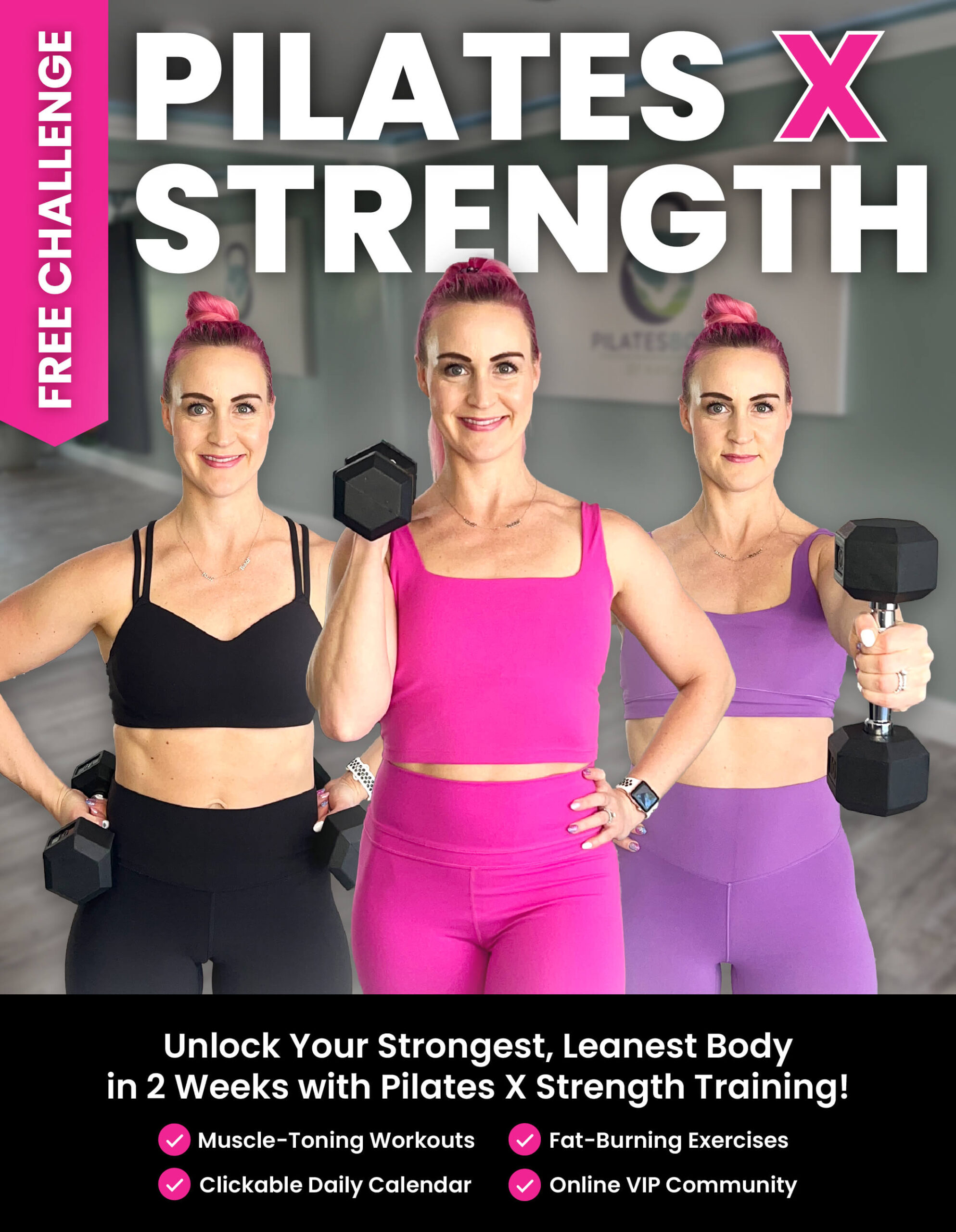 2-Week Pilates X Strength Challenge Free YouTube Workout Program Dumbbells Ankle Weights - Pilatesbody by Kayla