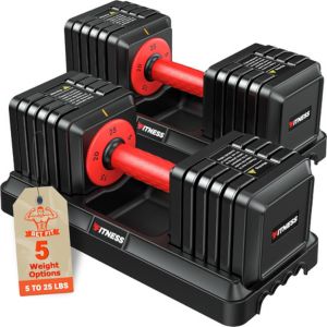 A set of adjustable dumbbells.