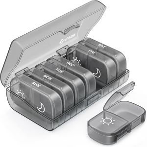 A gray plastic supplement organizer.