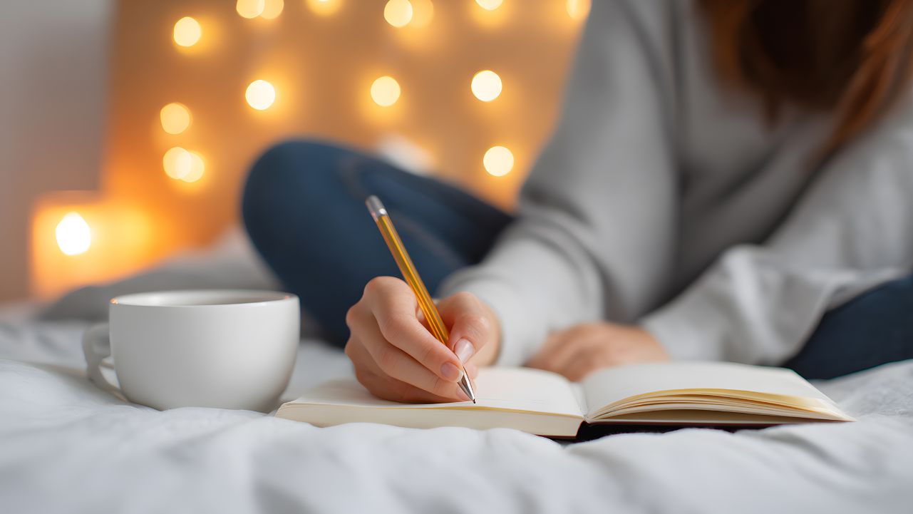 Woman journaling in bed with coffee, reflecting on how to change your habits for self-care.