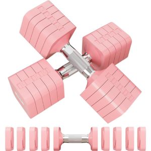 Pink adjustable dumbbell set.