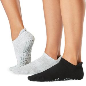 Gray and black non slip grip socks for Pilates.