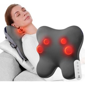 Bob and Brad Neck Massager Woman relaxing against a heated shiatsu neck and shoulder massager with rotating massage nodes for muscle relief.