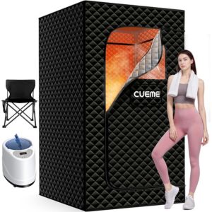 Cueme Sauna Box Portable personal sauna tent with included steam generator and chair, featured as one of the top gifts for health and wellness for relaxation and recovery at home.