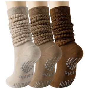 Hstyle Grip Socks Three pairs of textured non-slip grip socks in neutral colors designed for Pilates, yoga, and cozy at-home workouts.