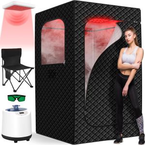 Infrared Sauna Box Black infrared sauna tent setup with a chair, steam generator, and protective glasses, designed for full-body heat therapy and detox benefits at home.