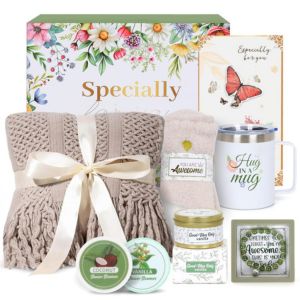 Self-care Gift Basket Cozy self-care gift box with a blanket, mug, candle, skincare, and bath items, shown as a thoughtful gifts for health and wellness option for comfort and relaxation.