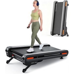 Woman walking on a compact under-desk walking pad treadmill, shown as one of the best gifts for health and wellness for staying active at home.