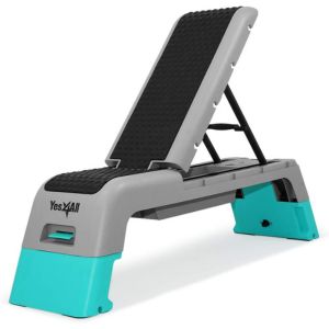 Workout Bench Multi-position adjustable workout bench with teal risers for strength training, step workouts, and full-body home gym routines.