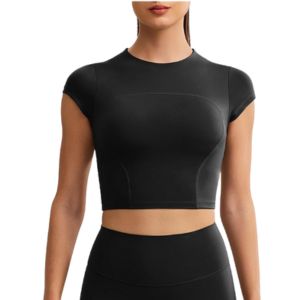 Workout Crop Top Black short-sleeve compression crop top designed for Pilates, strength training, and everyday athleisure wear.