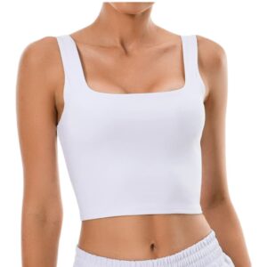 A woman wearing a white Colorfulkoala square neck tank top.