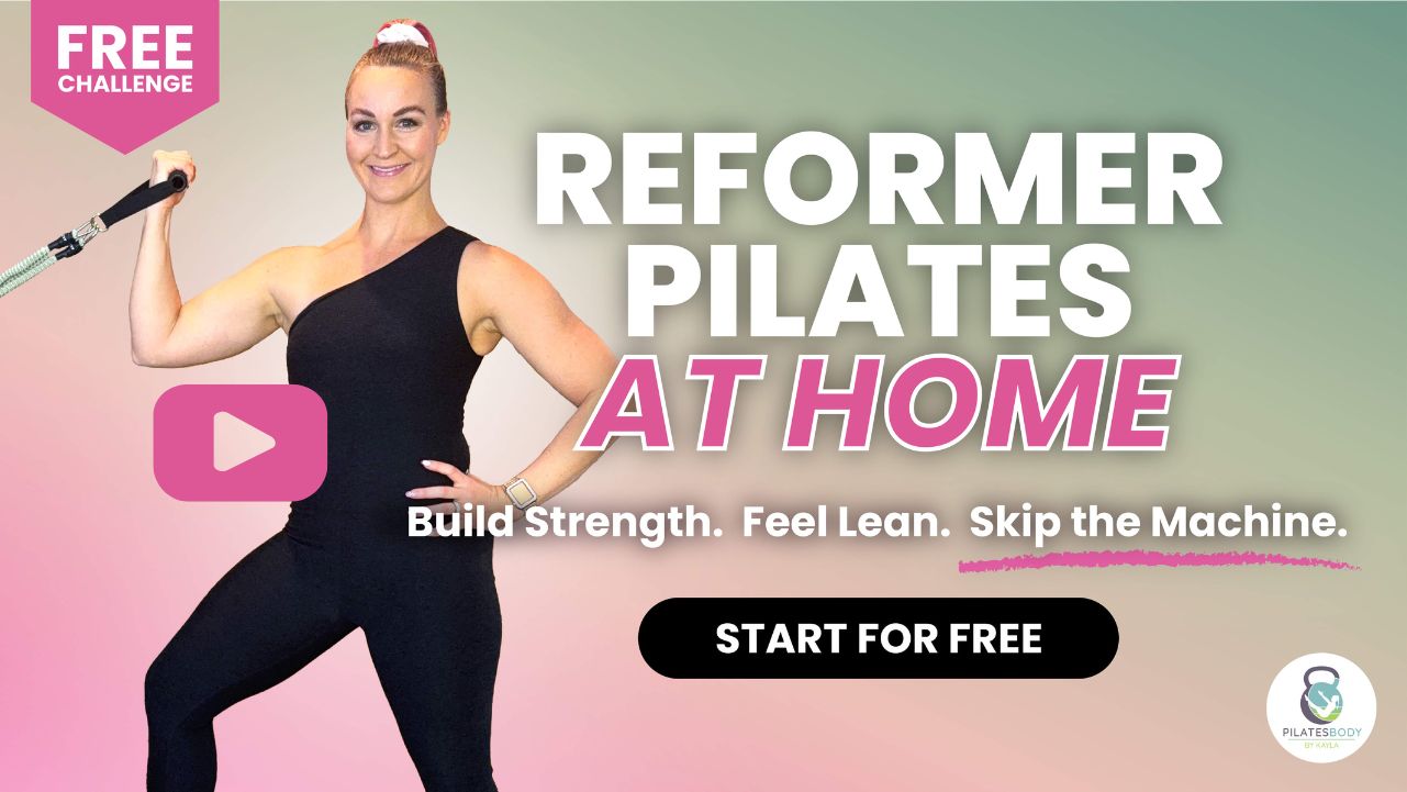 Reformer Pilates At Home YouTube Thumbnail with Play Button.